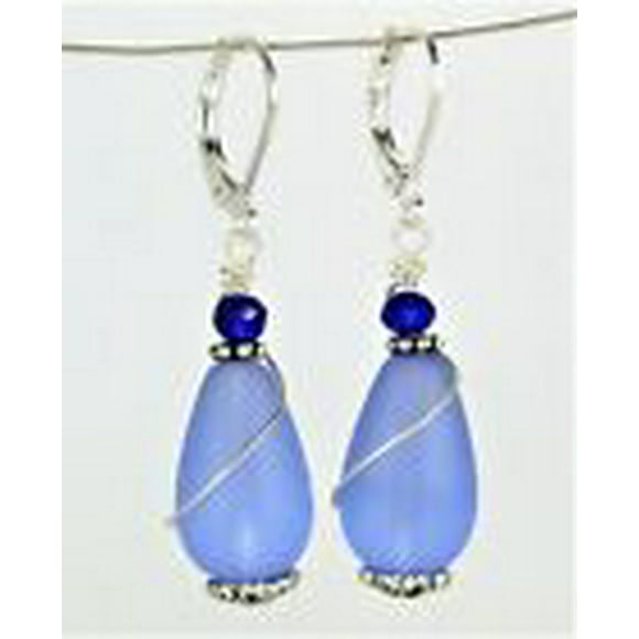 SEA GLASS Teardrop Caribbean Blue Weave Wire COPPER Dangle Earrings USA HANDMADE 